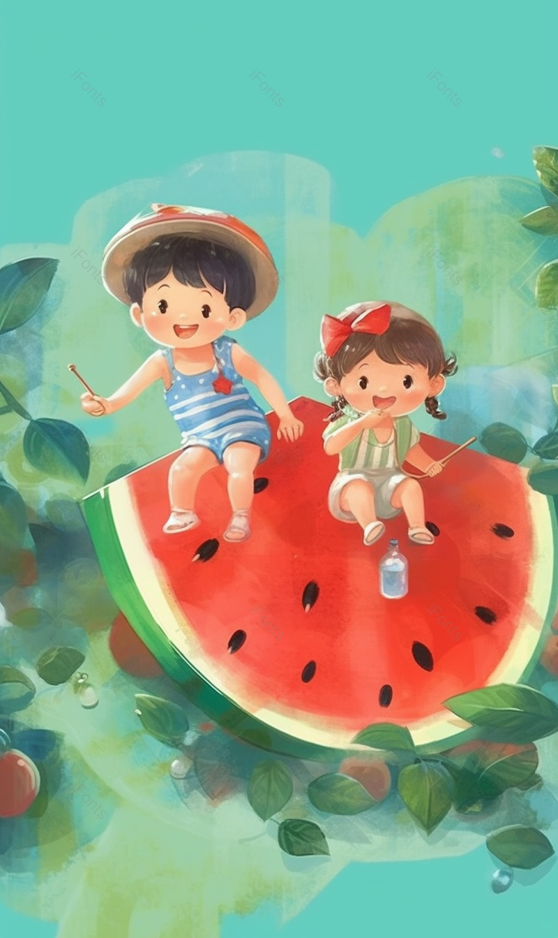 西瓜泳池里的萌娃创意插画壁纸,插画/手绘图,插画/手绘图库,插画/手绘图下载,插画/手绘